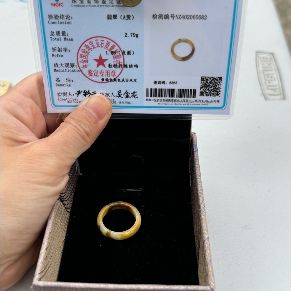 Certified natural grade A Myanmar yellow red jadeite ring size 8